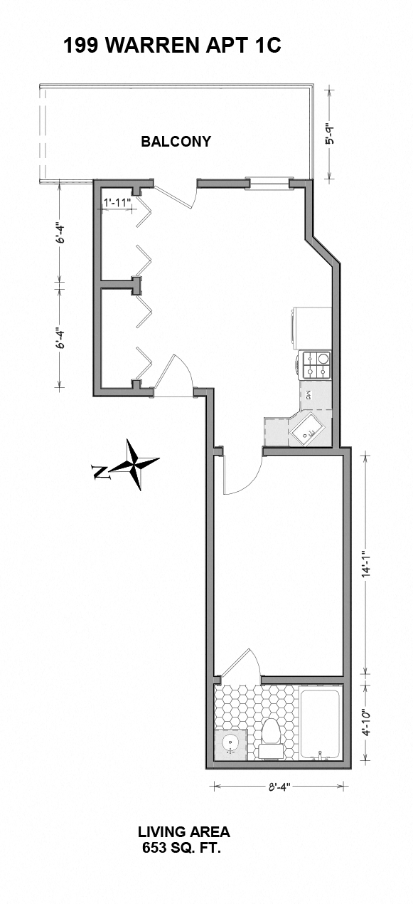 Floor plan for 1 bed, 1 bath, 653 sqft